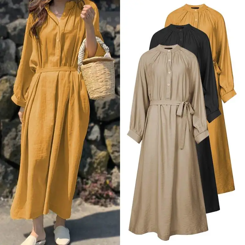 

ZANZEA Women Puff Sleeve Maxi Dress 2020 Female Vintage Vestidos Autumn Ladies Sundress Casual Lace Up Robe Femme Oversize 5XL