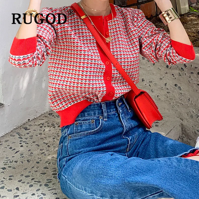 RUGOD женский свитер с О-образным вырезом, винтажный цветочный вязаный кардиган с длинным рукавом, повседневная женская верхняя одежда