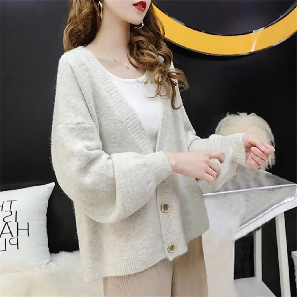 Women Winter Solid Cardigans Long Sleeve Button Casual Fashion Sweater Knitting Basic Tops V-Neck Slim Fit |