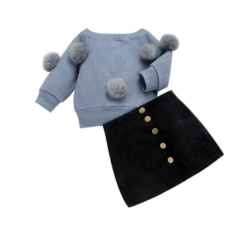 

1-6Y Autumn Winter Toddler Baby Kids Girls Clothes Sets Long Sleeve Hairball Knit Tops Sweater+Button Skirt Warm Outfits Sets