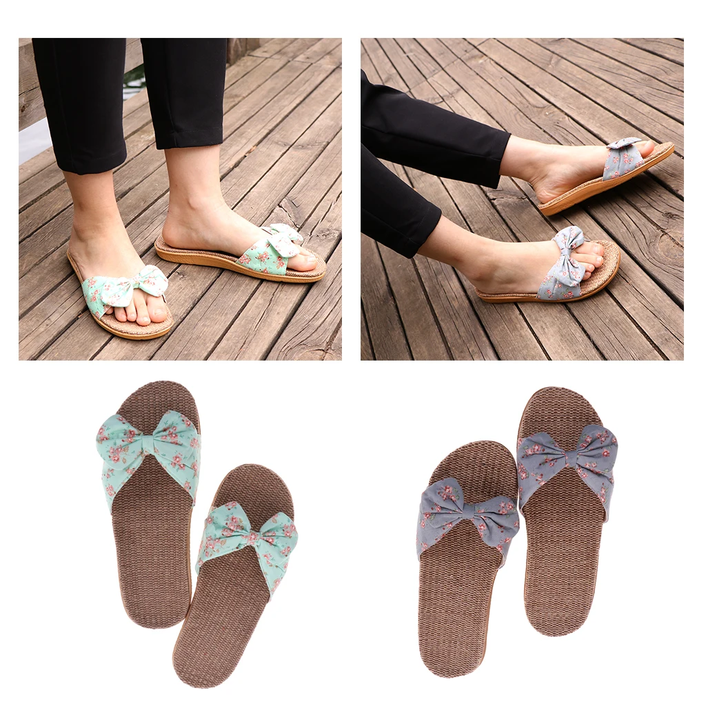 

Ladies Womens Linen Bowknot House Outdoor Slippers Slip On EVA Sole Sandals