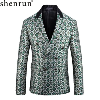 

Shenrun Men Fashion Blazer Double Breasted Jacket Green Floral Pattern High Quality Groom Suit Jackets Party Prom Stage Costume