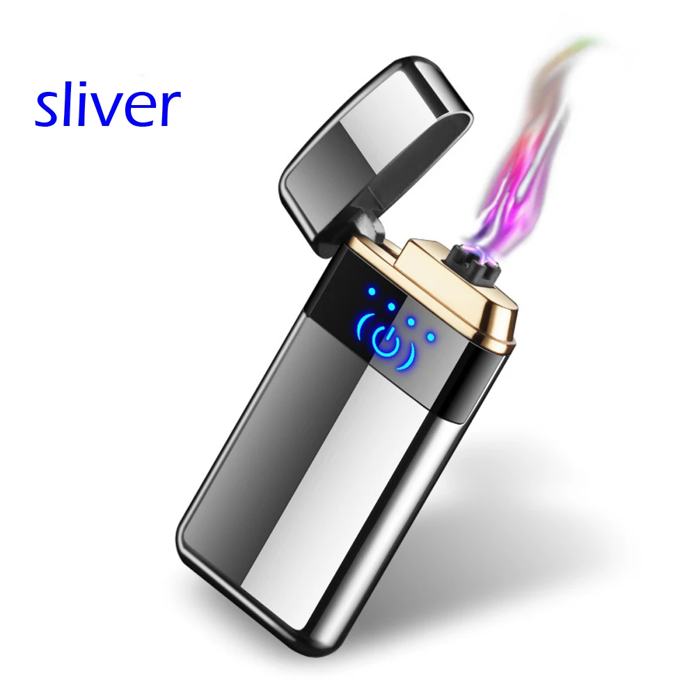 Sliver Сенсорная двойная дуговая Индукционная Зажигалка перезаряжаемая зарядка ветрозащитная креативная Электронная зажигалка для подарка - Цвет: Sliver