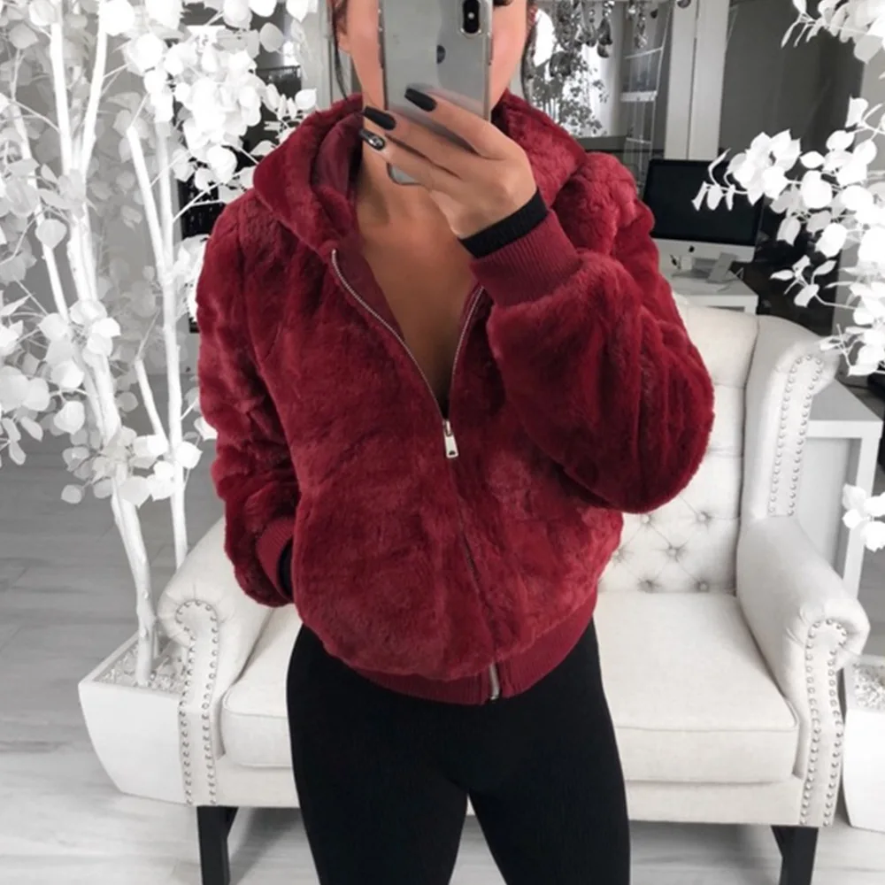 Autumn Winter Women Warm Faux Fur Hooded Velvet Bomber Jacket Female Red Black Fleece Teddy Coat Ladies Fluff Clothes Plus Size - Цвет: red