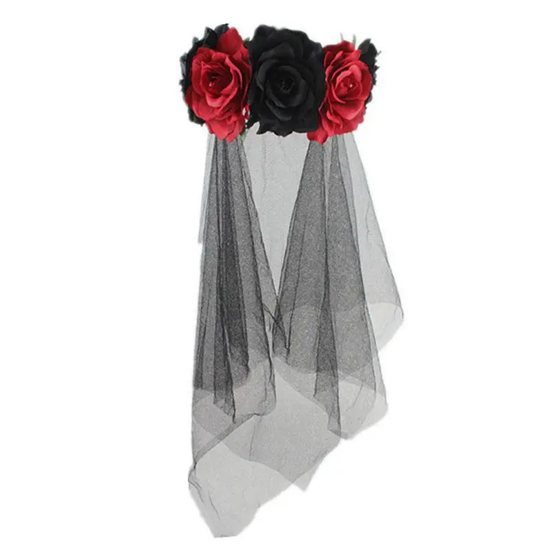 Womens Halloween Wreath Headband Handmade Fabric Rose Flower with Black Mesh Veil Tulle Crown Festival Day of The Dead Hair Hoop