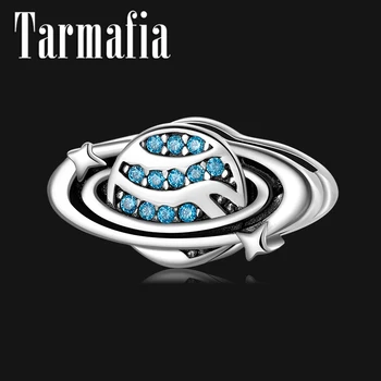

Solar system saturn Silver Clip Charms Real 925 Sterling Silver Blue CZ Beads Jewelry Making fits Reflection Bracelet DIY