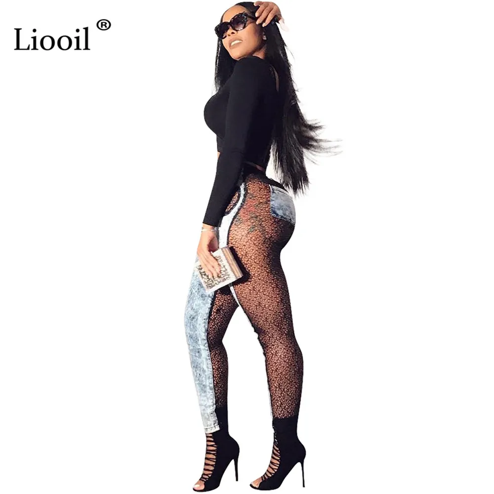 Liooil прозрачные сексуальные кружевные джинсы женские брюки с высокой талией узкие брюки потертые обтягивающие Стрейчевые джинсовые брюки