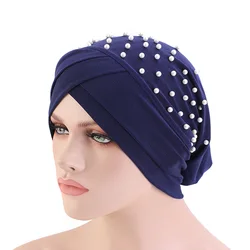 Fashion Muslim Beaded Solid Color Turban Headbands For Women Hair Accessories India Hat Head Wrap Chemo Bandana Cap