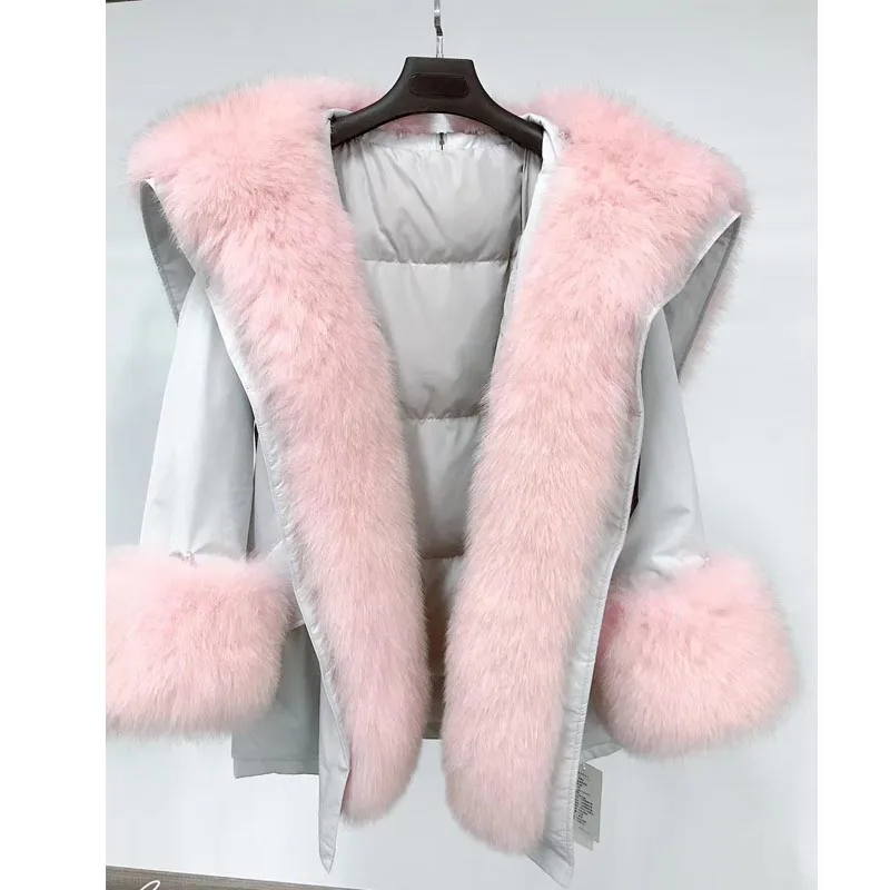 Новая зимняя модная уличная женская толстая 90% белая куртка на утином пуху Роскошная настоящая лиса женское меховое пальто парки верхняя одежда