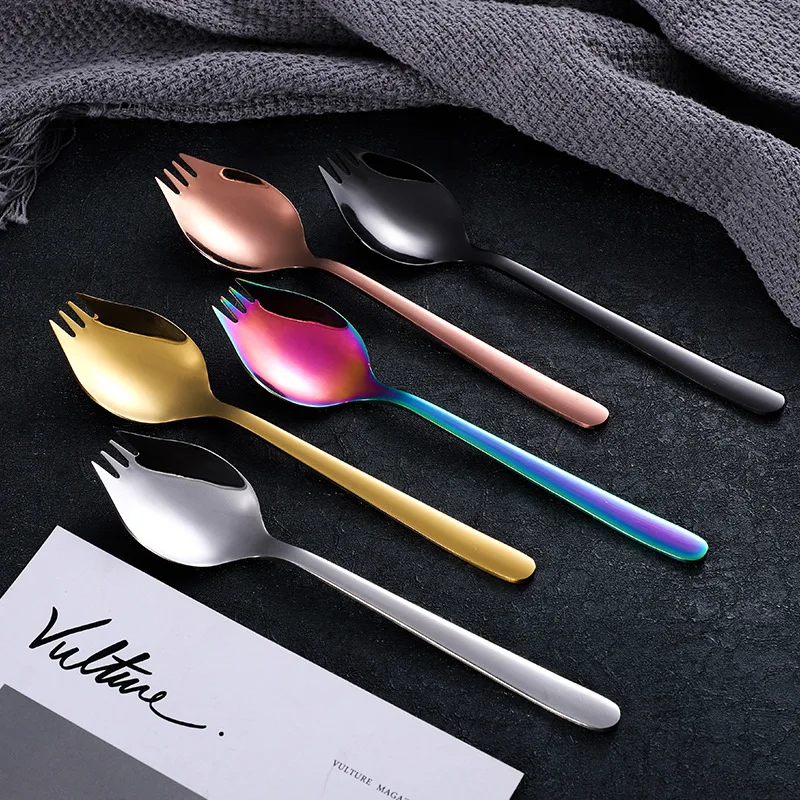 304 Stainless Steel Western Food Dual Purpose Fork Spoon Sub-Creative Salad Instant Noodles Spoon Fork Noodles Salad Fork One-pi