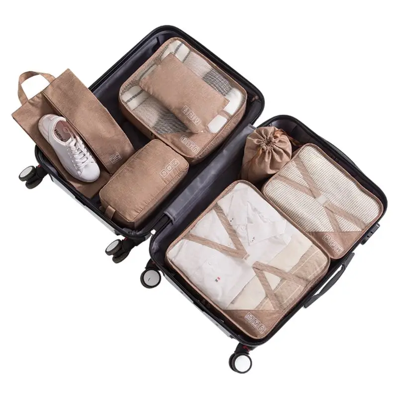 7pcs Travel Bag Set Clothes Pouch Shoes Case Underwear Box Makeup Tote Cosmetics Organizer for Women Men - Цвет: Хаки