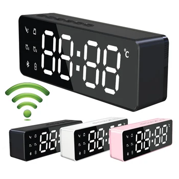 

bluetooth 5.0 portable speaker soundbar with LED Mirror alarm clock temperature supports TF card 3.5 mm AUX speaker box