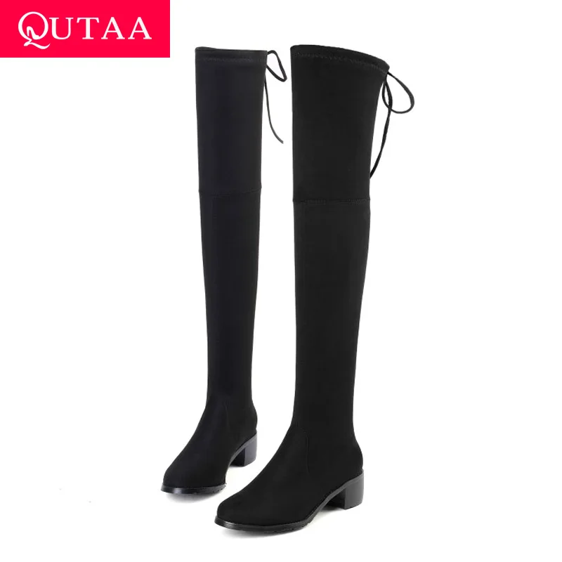 Cheap QUTAA 2020 Women Winter Boots Fashion All Match Elastic Fabric Over The Knee High Shoes Square Mid Heel Women Boots Size 34 43