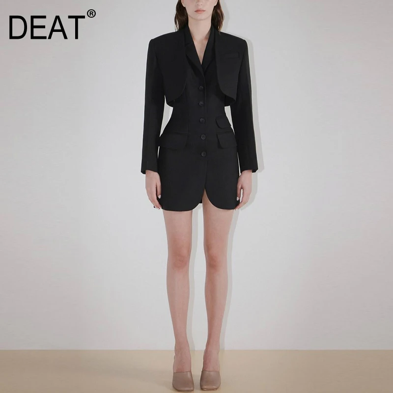 Женское однобортное платье [DEAT] черное с отложным воротником и длинным рукавом