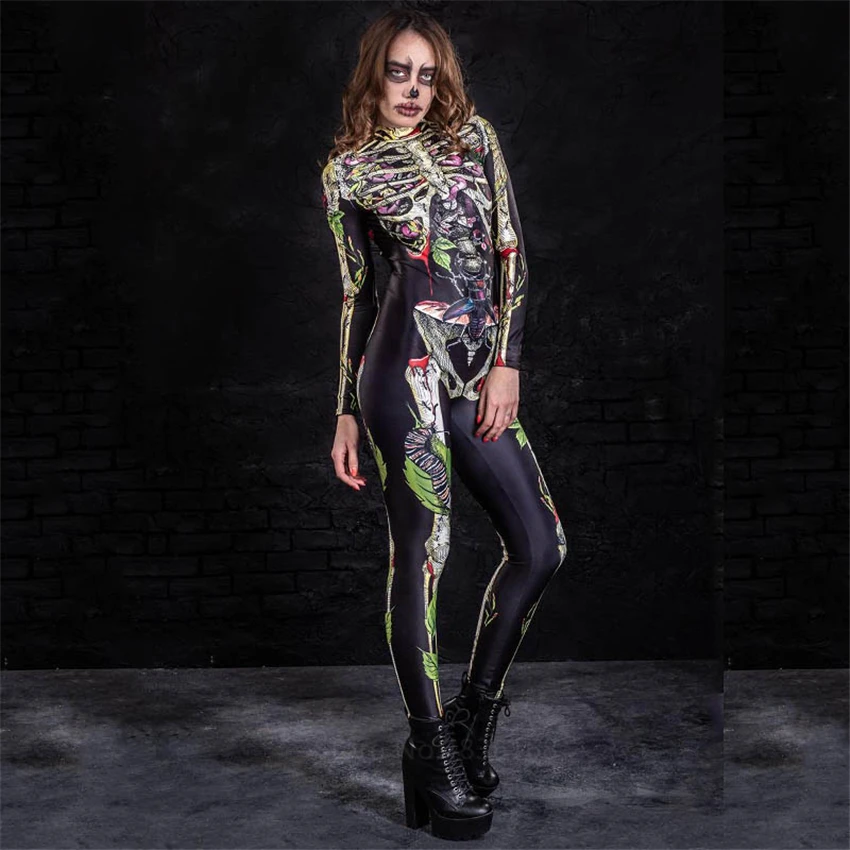 Halloween Cosplay Costume Women Skeleton Jumpsuit Fancy Print Scary Ghost Bodysuit Day of The Dead Carnival Party Kids Romper