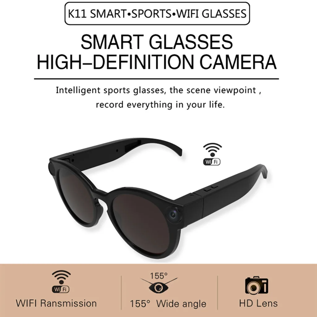 Black K11 Smart Glasses WiFi Camera HD Eyewear DVR Video Recorder 1080P 155 degrees super wide angle compatibility 8.6 | Электроника