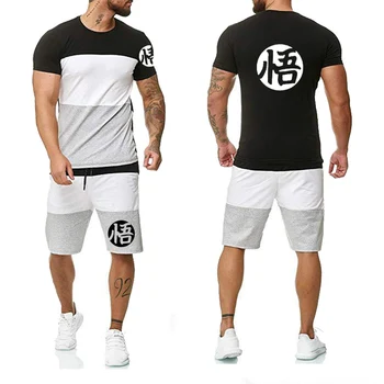 

Men T-shirt Anime Dragon Ball Z Casual Cotton Summer Colorblock Short Sleeve Son Goku Harajuku Men's T-shirt+shorts suit 2pcs