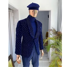 Men's Spotted Velvet 2-piece Wedding Party Tuxedo Navy Blue Blazer + Pants Slim Fit Jacket