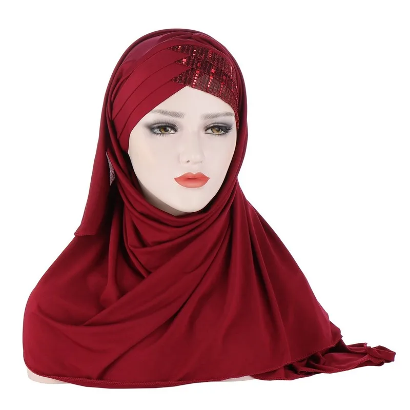 

2020 New Sequins Glitter Forehead Cross Muslim Hijab Scarf Ready to Wear Turban Hijabs Islamic Women Headscarf Female Head Wraps
