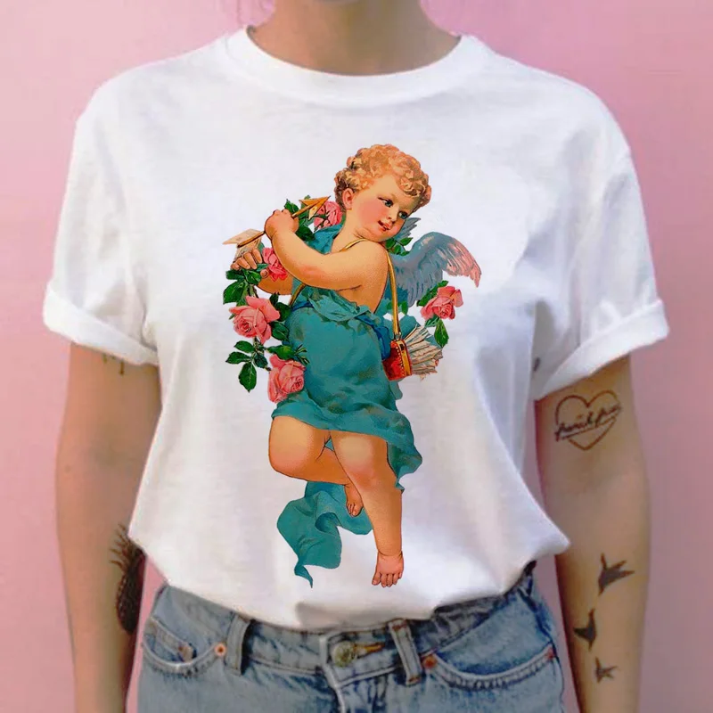 Футболка с ангелом harajuku, с рисунком героев мультфильмов, 90 s, повседневная женская футболка с круглым вырезом, Винтажная футболка, топы, футболки, кавайные эстетические - Цвет: 851