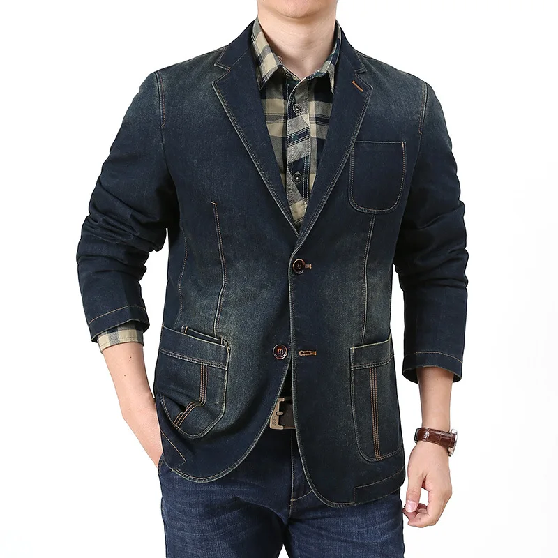 Men Denim Blazer Suit Jacket Single Breasted Pocket Casual Blouse Autumn Male Outwear Slim Man Cowboy Blazer Masculino men denim suit jacket
