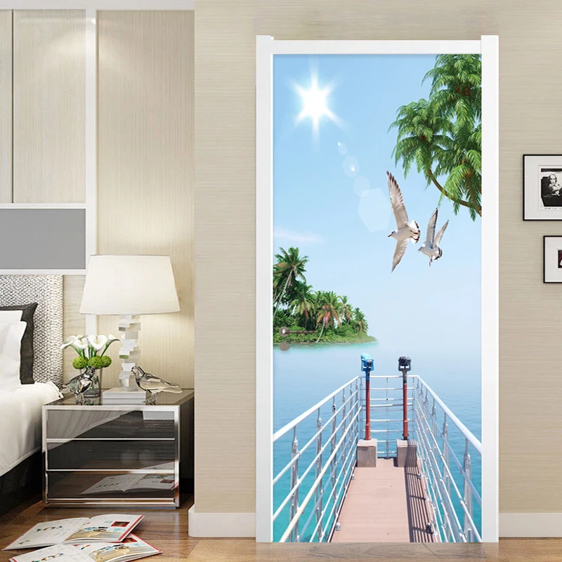 

Self-Adhesive Waterproof Door Sticker 3D Coconut Tree Sea View Mural Wallpaper Living Room Bedroom Door Poster Home Decor Decals