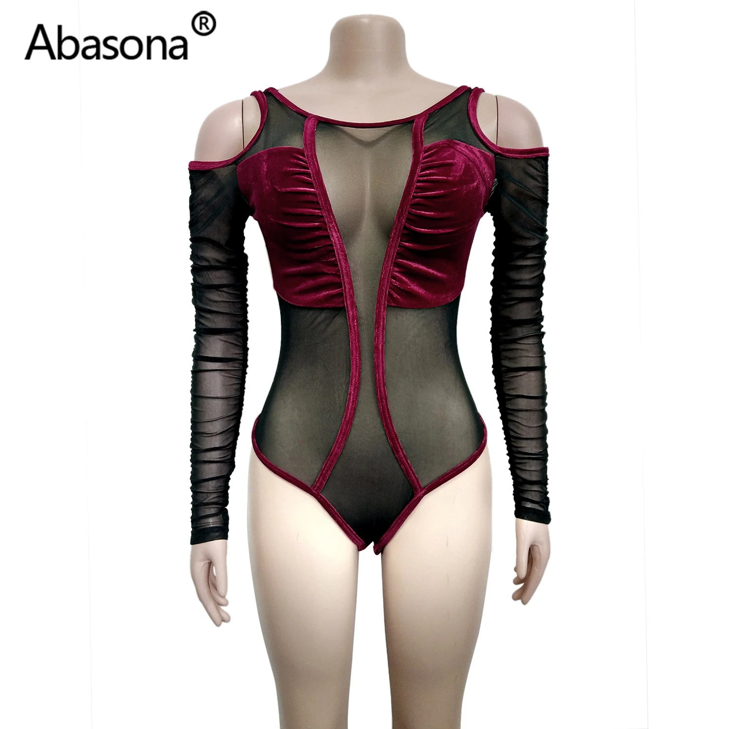 Abasona, зимний женский комплект, спортивный костюм, длинный рукав, сетка, бархат, боди+ штаны, костюм, комплект из двух предметов, сексуальные вечерние костюмы для ночного клуба