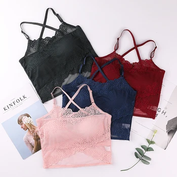 

Mesh Sexy Bras Women Soft Lace Trim Seamless Push Up Lingerie Translucent Cross Straps Wireless Comfort Bralette Underwear