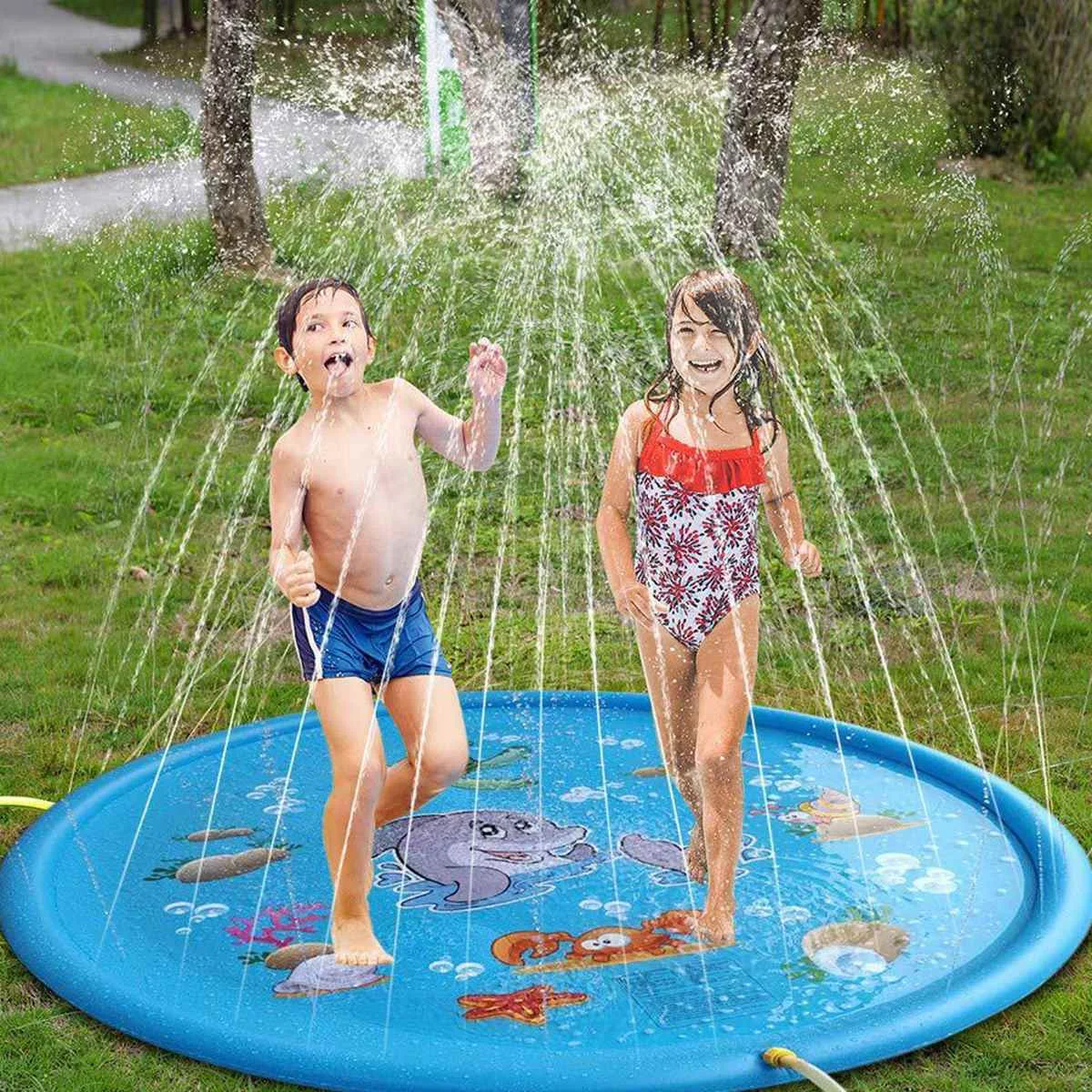 170cm Kids Inflatable Water Spray Pad Round Water Splash Play Pool Playing Sprinkler Mat Yard Outdoor Fun Swimming Pools 170cm baby water mat children s mat summer beach inflatable spray water cushion outdoor lawn baby play mat