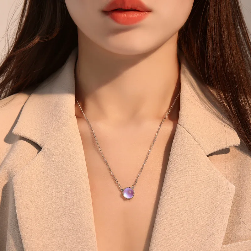 Temperament White Moonstone Necklace for Women Round Blue Gradient Initial Charms Chain Choker Luxury Jewelry | Украшения и