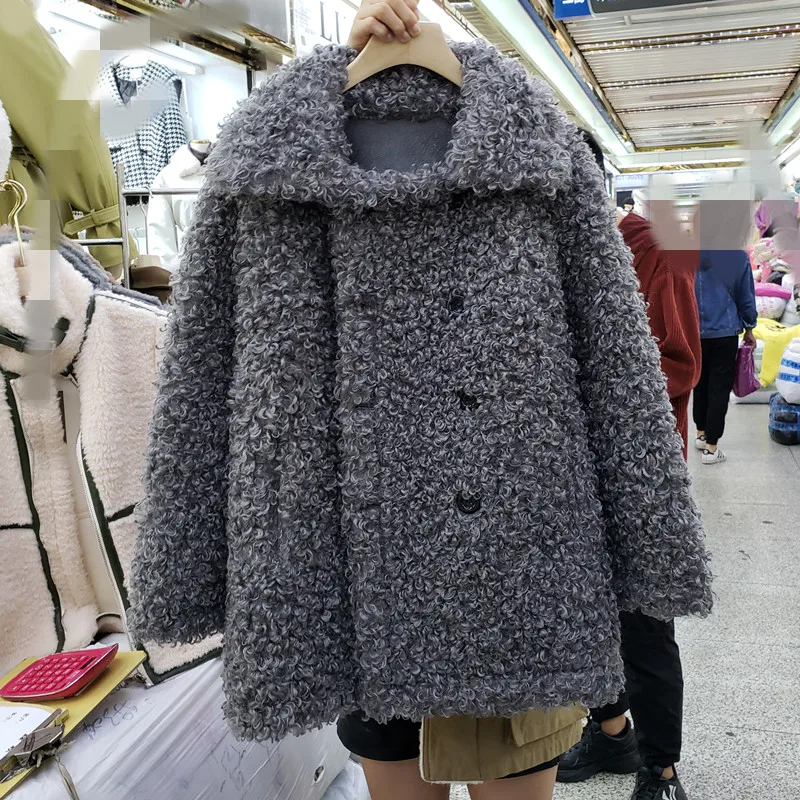 Шикарное пальто из овечьей шерсти, женская новая зимняя куртка, свободное двубортное утолщенное пальто средней длины из овечьей шерсти, теплая верхняя одежда - Цвет: Серый