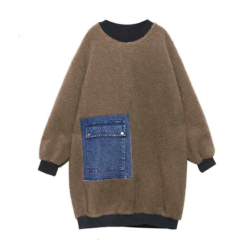QING MO Women Wool Sweatshirt Winter Women Denim Patchwork Sweatshirt Female Casual Loose Sweatshirt Coffee ZQY2479