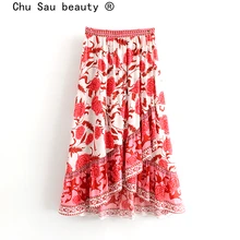 Chu Sau beauty Boho винтажный цветочный принт миди юбка женская новая модная Праздничная шикарная Асимметричная пляжная юбка vestidos mujer
