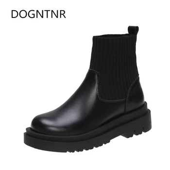 

Chunky Boots 2020 New Thick-soled Woven Patchwork Upper Black Lightweight Chelsea Boots Breathable Elastic Women's Shoes