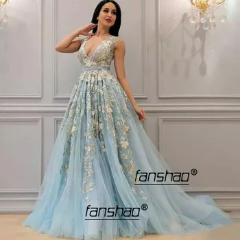 

Light Blue Muslim Evening Dresses Tank lace Sashes Tulle vestidos de festa Dubai Saudi Arabic Evening Gown Prom Dress