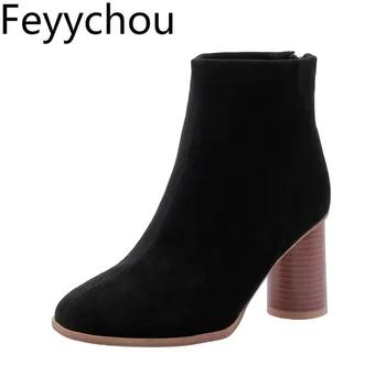 

Women Boots Autumn Winter High Heel Warm Round Toe Zip Ankle Flock Round Heel 2019 New Sexy Fashion Black Apricot Wine Red Plush