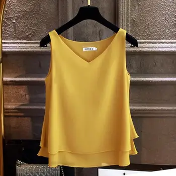 

Solid V-neck Casual Loose Female Top Fashion Women's blouse Summer sleeveless Chiffon shirt