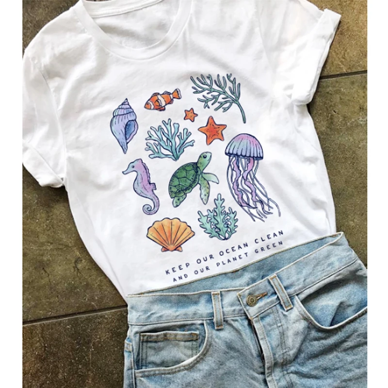 

Keep Our Ocean Clean And Our Planet Green Multi Colored Print Eco T-shirt Chic Women Summer O-Neck Graphic Vegan Tee Shirt Top