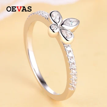 

OEVAS Solid 925 Sterling Silver Sparkling Zircon Leaves And Flower Finger Rings For Women Engagement Party Fine Jewelry Gifts