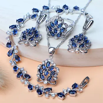 

925 Sterling Silver Jewelry Sets Women Costume Bridal Wedding Blue Zircon Necklace Set Bracelet Rings Earring Pendant Jewelry