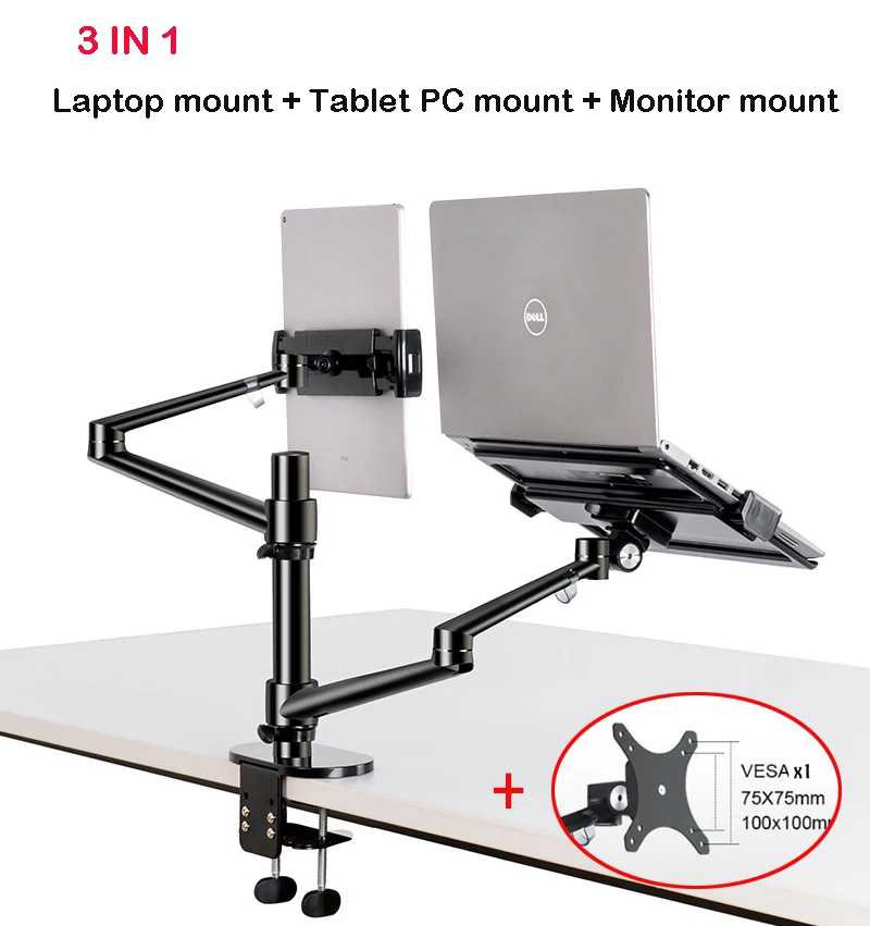3 em 1 Suporte + 10-17 Suporte + 14 Alumínio Altura Ajustável Desktop Braço Duplo 17-32 Polegada Monitor Portátil Tablet Montagem Ol-3t - Imagem 2