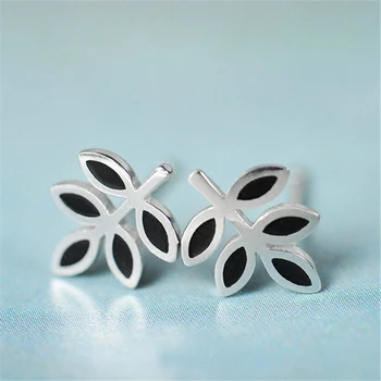 

100% 925 Sterling Silver Black Enamel Leaves Elegant Stud Earrings For Women Girl Hypoallergenic Sterling-silver-jewelry
