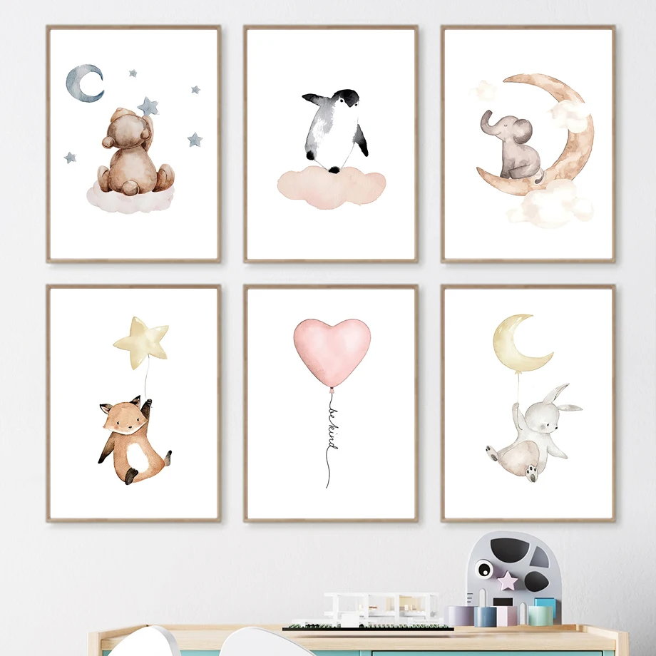 

Cute Cartoon Nordic Poster Elephant Bear Penguin Rabbit Moon Star Balloon Wall Art Canvas Painting Wall Pictures Kids Room Decor