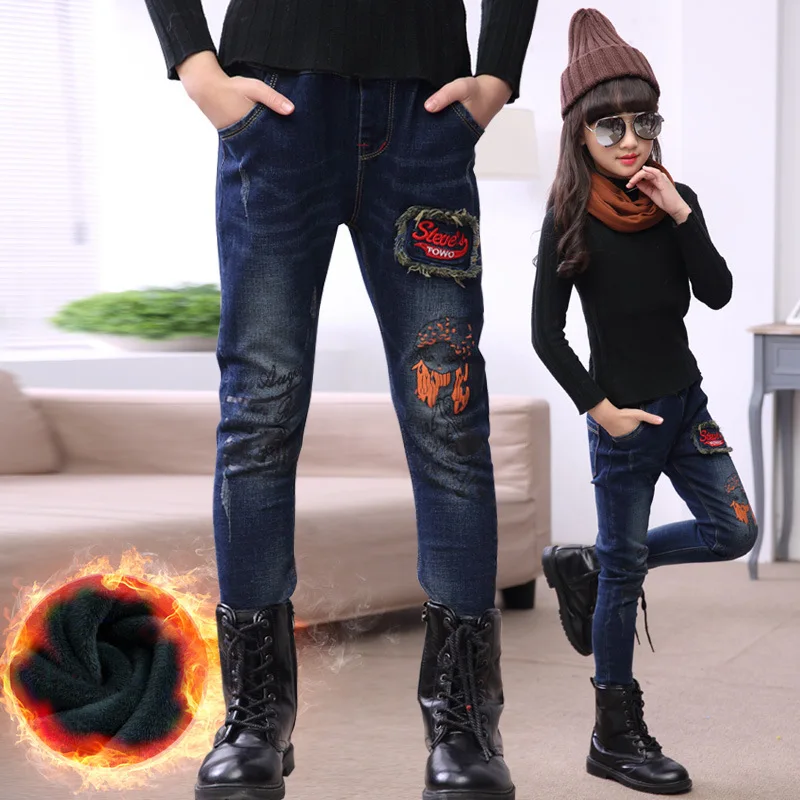 Girls Brushed And Thick Jeans Trousers Children Big Boy Young STUDENT'S Autumn And Winter Oil Painting Skinny Slim Fit Pants
