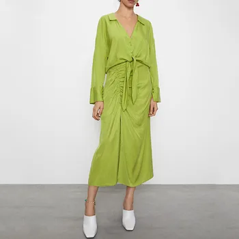 

Spring Clothes Women Office 2 piece set Elegant Long Sleeve V-neck Blouse Pleated Mid-length High waist Skirt Summer Casual sets