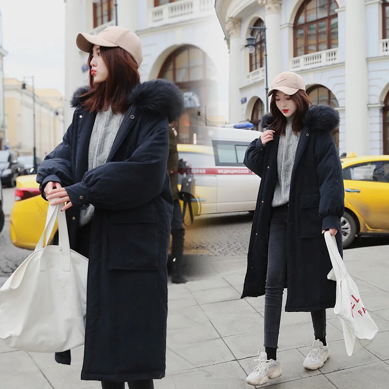 black hooded jacket FORERUN, Женское зимнее длинное пальто, Большая Меховая куртка с капюшоном, большие пальто, хлопковая стеганая парка, Veste Longue Femme Parkas Mujer - Цвет: black hooded jacket
