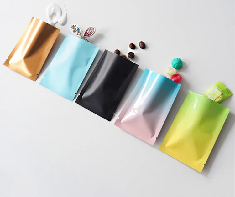 200개 무광 오픈탑 알루미늄 호일 백 DIY 맞춤형 로고 설탕 가루 차 허브 초콜릿 버터 열 밀봉 포장 파우치