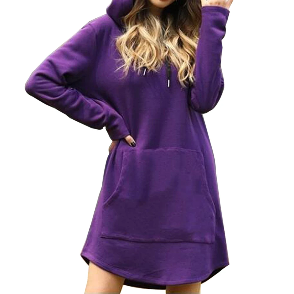 Purple Женские однотонные толстовки с капюшоном, платье большого размера, Женский Длинный свитер с большим карманом, зимний модный пуловер с капюшоном и длинным рукавом для женщин s - Цвет: Purple