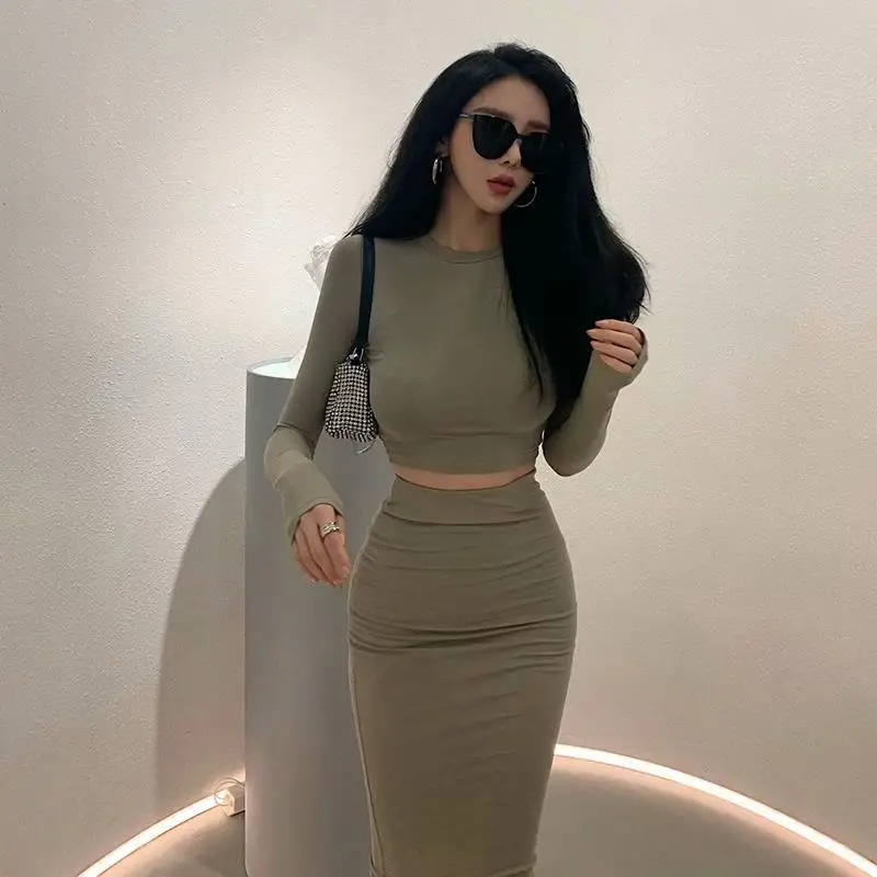 2021 Spring Korean Fashion Style Dignified Goddess Suit Korean Fashion Style Top High Waist Skirt Bottoming  Two Piece Outfits 2022 men s spring and autumn thin elastic v neck pullover individual button decorated solid color bottoming sweater