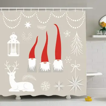 

Shower Curtain Set with Hooks 66x72 Christmas Gnomes Red Decoration Reindeer Stars Elements Set Collection Signs Year Symbols